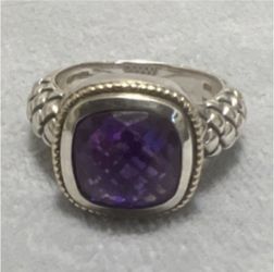Silver Amethyst Cushion-Cut Cocktail Ring Bezel Setting Purple Stone
