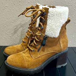 Marc Fisher Lansly Suede & Faux Shearling Lug-Sole Ankle Boots 3” Heel - Size 6.5