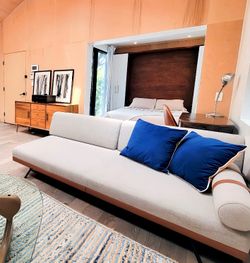 Modern Gray Designer Sofa / Daybed – Leather Trim | Mid-Century Style