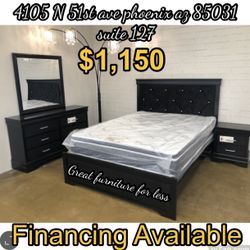 5 PCs Queen Size Bedroom Set Black Include Bed Frame Dresser Mirror Nightstand Pillow Top Mattress And Boxspring Brand New