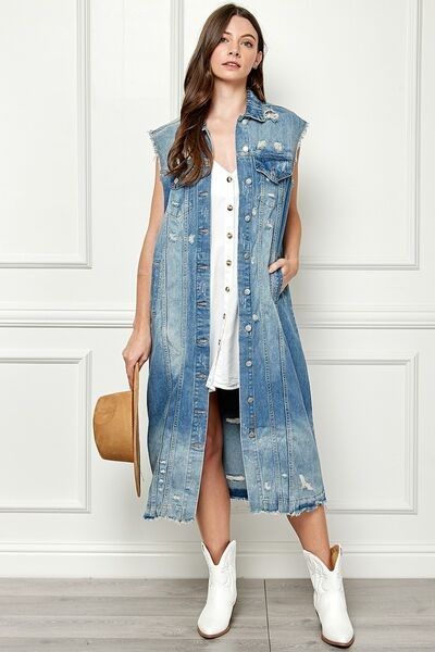 Veveret Full Size Distressed Sleeveless Longline Denim Jacket vest womens 1XL sz