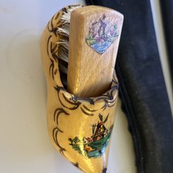 Vintage Decorative Dutch Wooden Clog, Shoe Brush Inside Hanger On Back