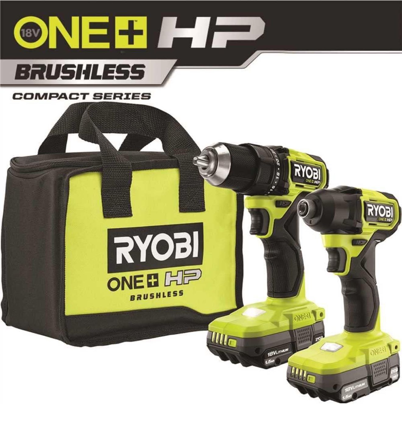 Ryobi One+HP 18V Kit with Compact Drill & Impact Drill, (2) 1.5 Ah Batteries, Charger And Bag.