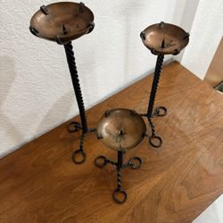 Vintage Hand Forged Twisted Wrought Iron Candle Holders Copper Tops Set of 3