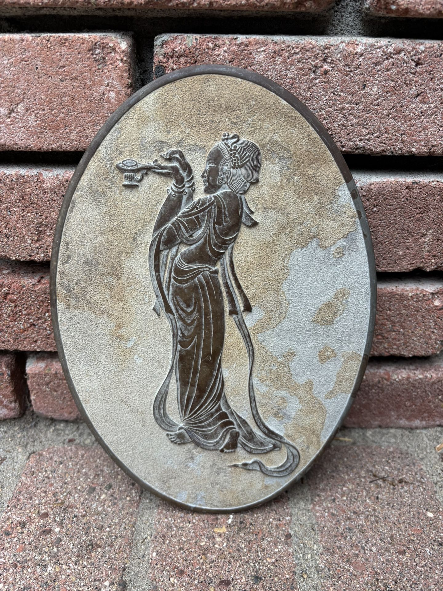 Ching Dyn Slate Bad Relief Of Girl Carrying Incense Burner Oval 10.75x 7.5 Inches