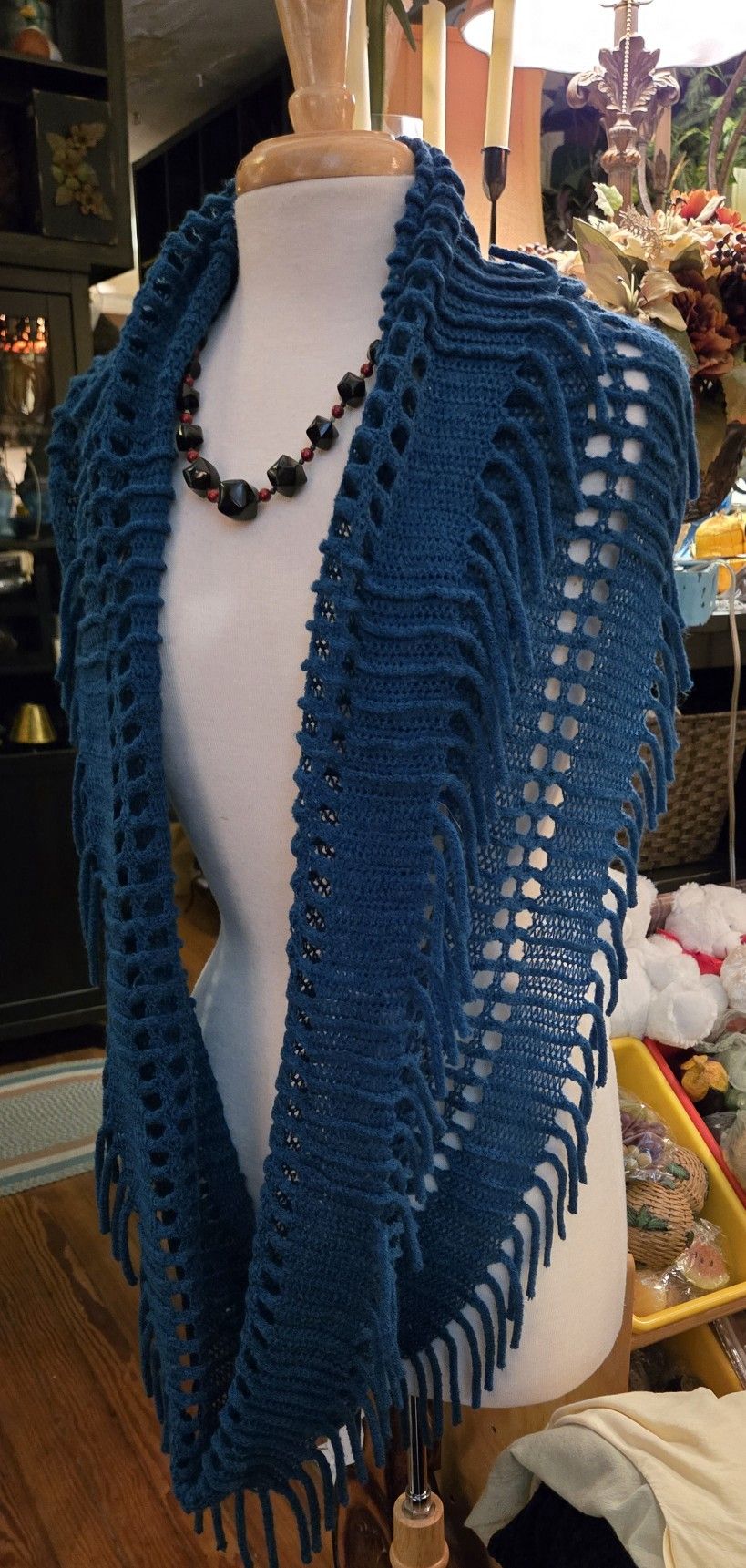Turquoise Knit infinity scarf With Fringe