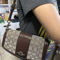 Coach Andrea Shoulder Bag – Signature Jacquard – Brown Leather Trim 