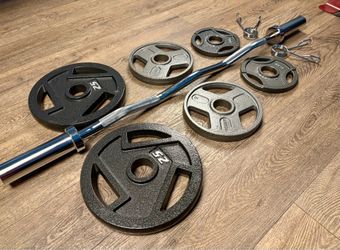 BRAND NEW: Olympic Curl Bar with Cooper Bearing Mech & Three  Grip Cast Iron Weight Plates 25s, 10s and 5s. Total: 100 lbs