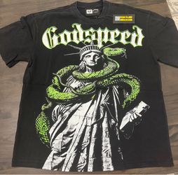 Godspeed Men's Graphic Logo T-Shirt "Out of Many One" Black Crew Neck L and M