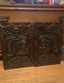 Vintage African Hand Carved Wood Relief Wall Art Plaques