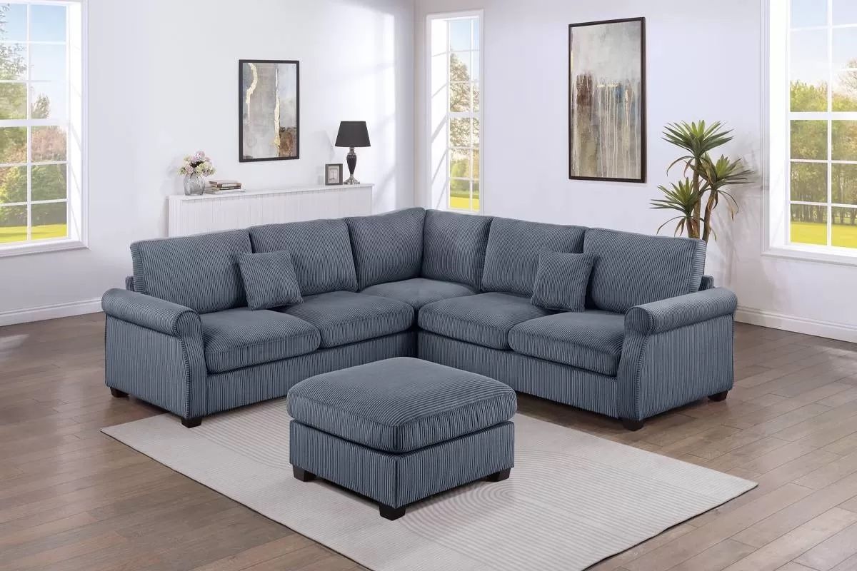 ✅4 pc dark grey corduroy fabric sectional sofa with rounded arms and ottoman✅