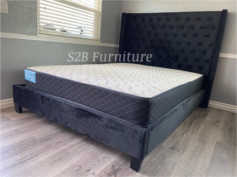 Queen Size Black Tufted Bed W Orthopedic Mattress
