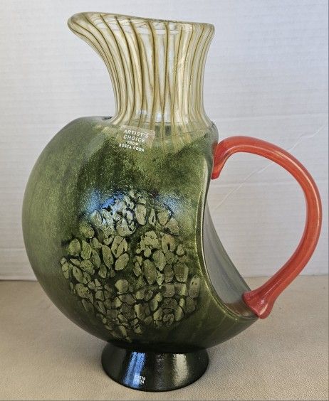 Kosta Boda Art Glass Kjell Engman, CORFU Pitcher Red & Green 11"