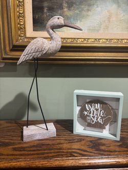 Wooden Heron Bird Figurine with Metal Legs