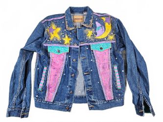 Vintage Women L Blue Denim Hand Painted Celestial Jacket Boss