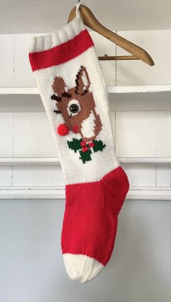 Vintage handmade Rudolph Christmas stocking large 24” with loop to hang.  Rudolph has a realistic button eye, a pom-pom nose, and cute details