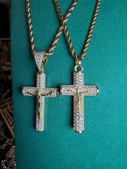 14 karat Gold Plated Iced Out Crucifix Cross Pendant Necklaces – Set of 2