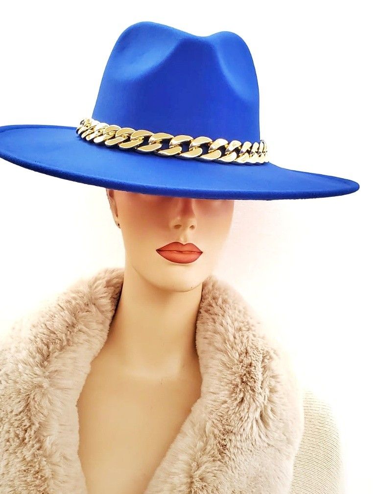 Blue Red Bottom Fedora Wide Brim Hat Trendy Unisex Fedora With Gold Chain Hat Band