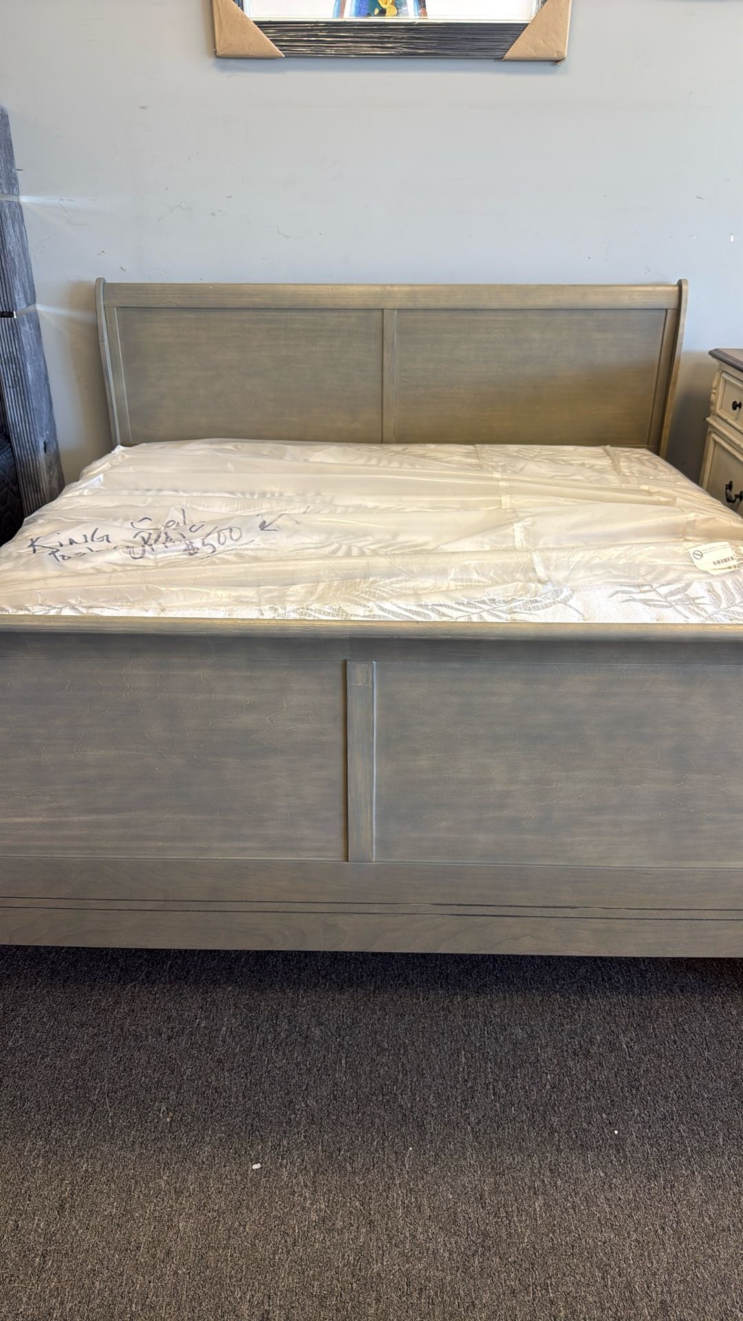 New King  Gray Sleigh Bed Frame 