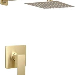Brushed Gold Shower Faucet Set, Single Function Shower Trim Kit with Rough-in Valve, Square Rain Shower Head System Included Extra Long Shower Ar