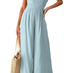Light Blue, Wide Leg, One Shoulder Jumpsuit Size S