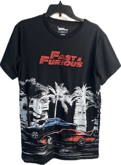 New Mens Fast & Furious Black T-Shirt with Cars and Palm Trees Size Small