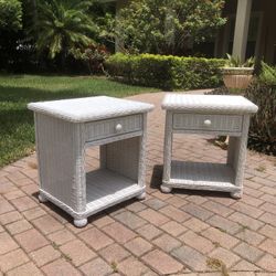 PAIR - White Wicker Nightstands - Cottage Coastal End Table Rattan