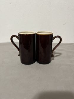 Vtg Espresso, Brown Ceramic Tall Coffee Mugs Set of 2 Retro Stoneware Cups