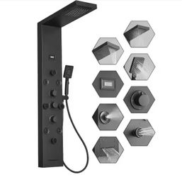 8-Jet Rainfall Shower Tower Shower Panel System with Rainfall Waterfall Shower Head, LED Light in Matte Black