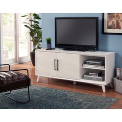 Alpine Furniture Tranquility TV Console Credenza – White Wood Media Cabinet with Shelves & Storage Drawers