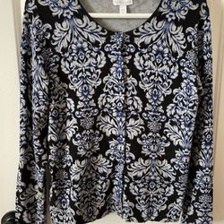 Size Lg - blue and white swirl design sweater with pretty blue buttons by Charter Club
