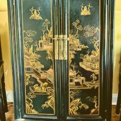 Vintage Asian Black & Gold Hand Painted Armoire Cabinet