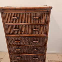 Bamboo & Rattan Tall Dresser w/ Glass Top – Coastal / Boho Style