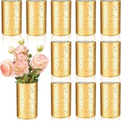 Sunnyray 12 Pcs Gold Cylinder Vases for Centerpieces, 6 Inch Speckled Flower Vase Wedding Decorations, Mercury Glass Votive Candle Holders, Decorative