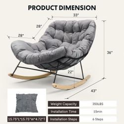 🥨FLEXISPOT Oversized Rocking Accent Chair with Thick Cushion & Bonus Pillow, Papasan Style Lounge Chair with Metal Frame & Wood Base, Cozy Living Roo