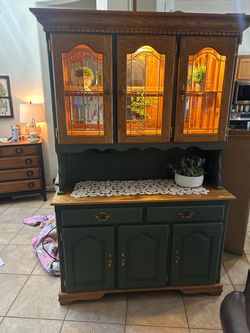 Painted Wood China Hutch Cabinet with Lighting