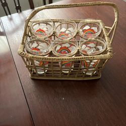 Vintage Dr Pepper 6 Pack Glasses With Wicker Basket