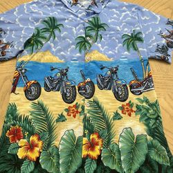 Happy Bay Hawaiian Button Up Shirt Motorcycles Palm Trees Tropical Men's Medium