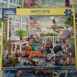 White Mountain Happy Pets 500 Piece Puzzle Vibrant Coastal Gathering Beach Scene
