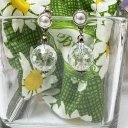 Brighton "Bubble Bath" White Pearl & Round Clear Crystal Dangle Earrings NWOT