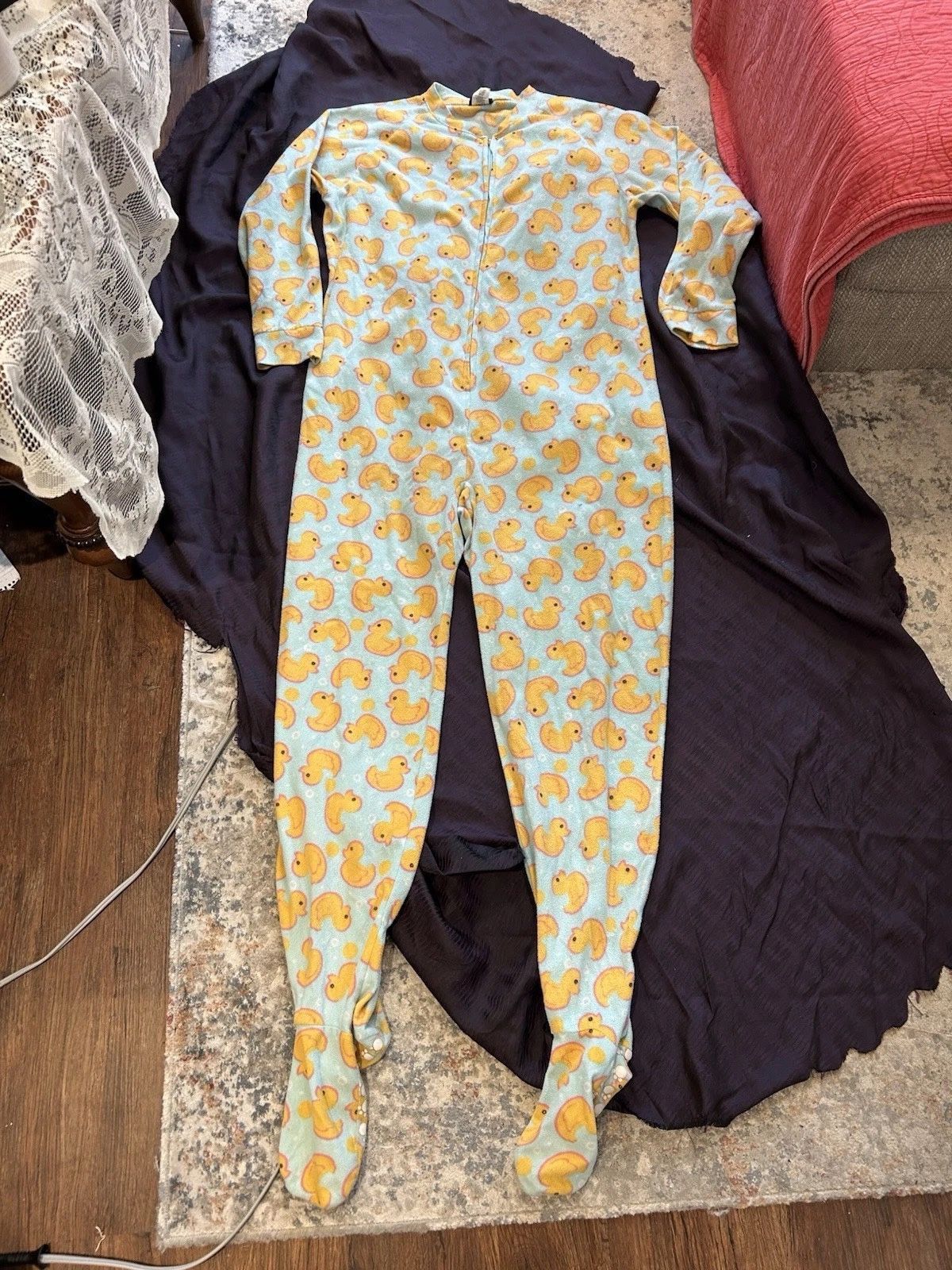 Womens XL Joe Boxer Blue Fleece Footed One Piece Pajamas W/Yellow Rubber Duckies