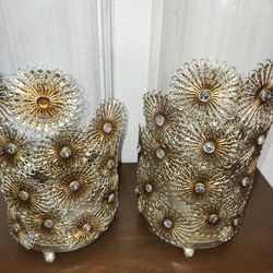 Gorgeous MCM Style Glass & Brass Candle Holders 11" H x 4.5" W