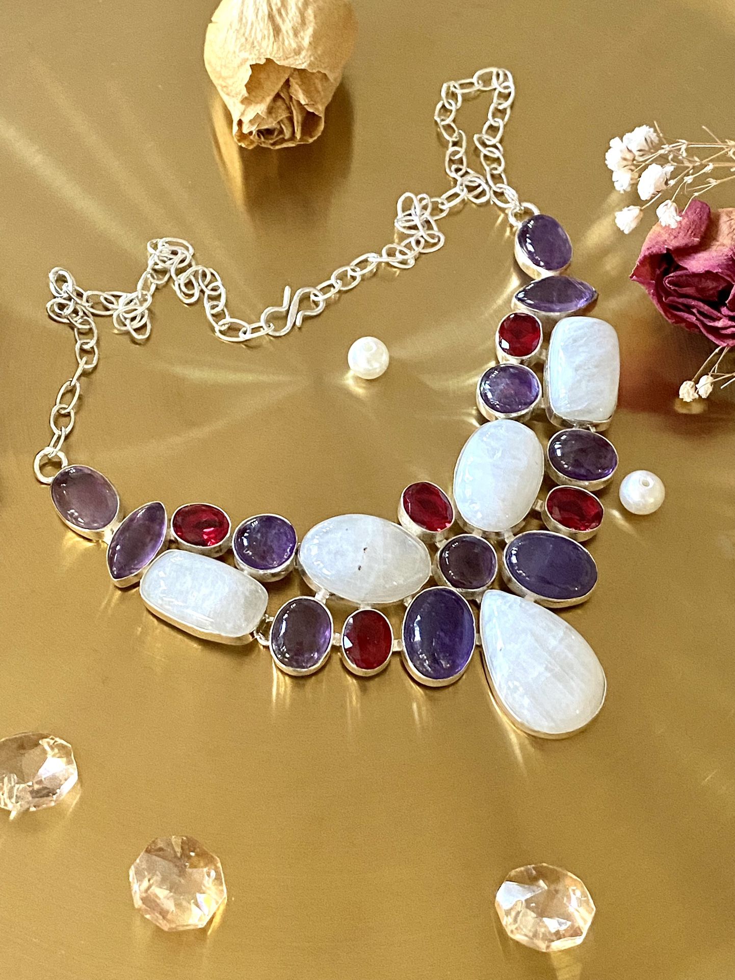 Rainbow Moonstone, Amethyst And Garnet 925 Sterling Silver Overlay Handcrafted Cluster Necklace