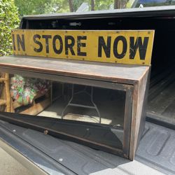 Vintage country store display metal cabinet In store now sign  Measurements 34”L x 13”T x 11”W