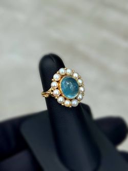 Jewelry 14k solid yellow gold  natural pearl aquamarine stone 2.00CTW heart ring size 5.50