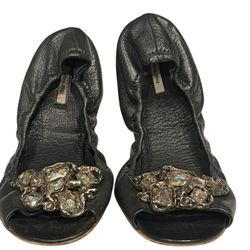 Miu Miu Blue Leather Crystal Embellished Open Toe Scrunch Ballet Flats Size 38