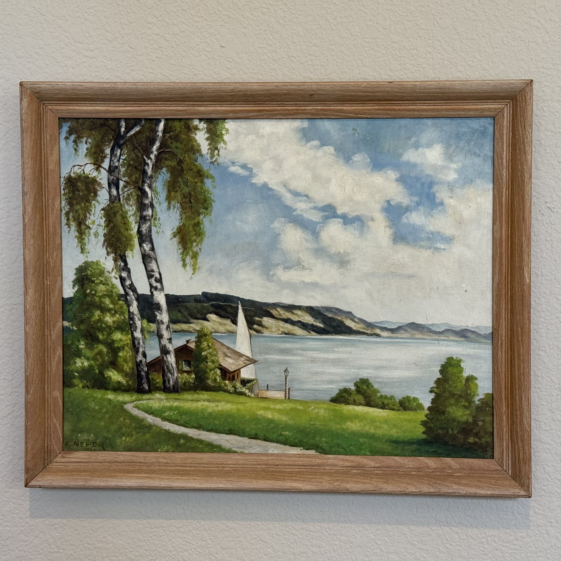 1948 oil on canvas landscape painting by A. Neher 25”W x 20”T