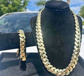 Set Chain & Bracelet 20mm Miami Cuban Link Yellow Gold Plated Chain Necklace 18k & 14k 22inch 24inch 20inch 18inch 7inch 8inch