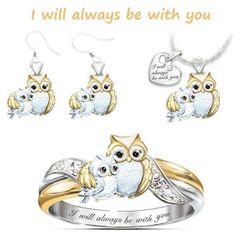 Beautiful 925 Sterling Silver Lovely Owl Necklace Ring Earrings 925 Silver Necklace Set
