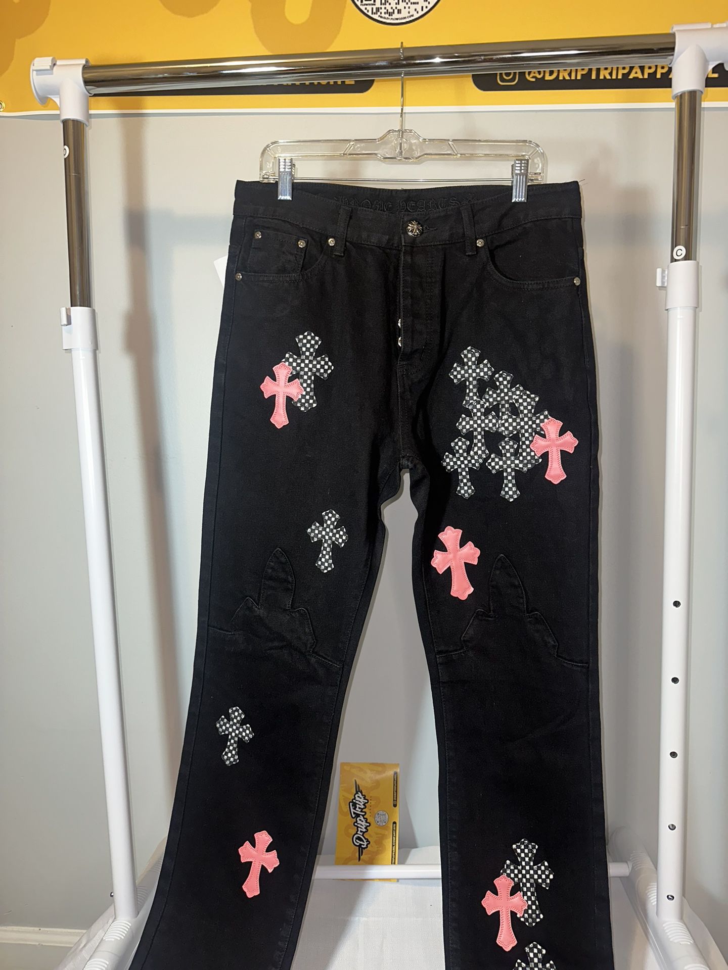 Chrome Heart Checkered Pink Cross Jeans 